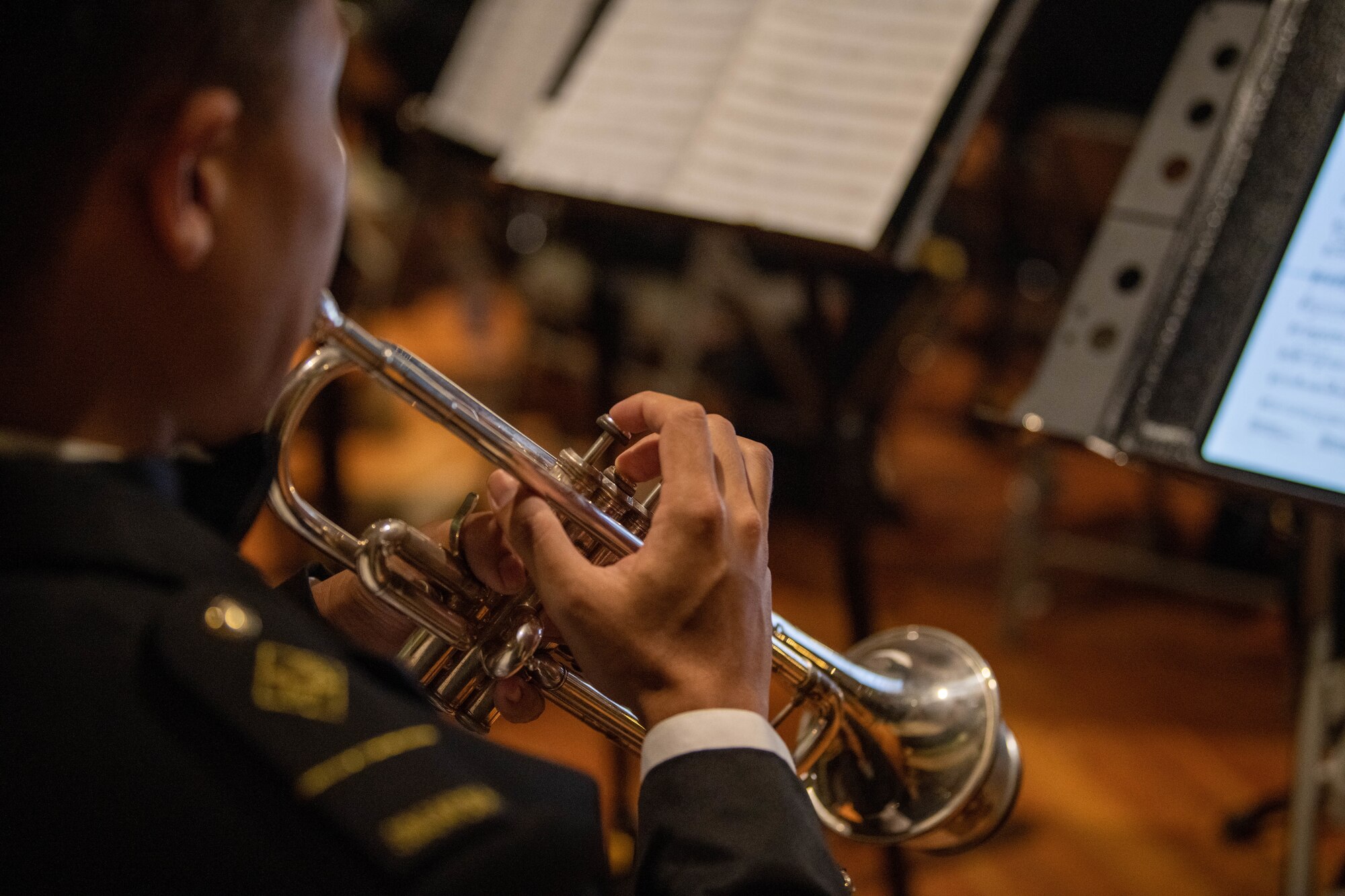 Singapore Armed Forces Central Band member performs for U.S. Airmen and Republic of Singapore Air Force service members during a RSAF Peace Carvin II 30th Anniversary celebration event April 28, 2023, at Luke Air Force Base, Arizona.