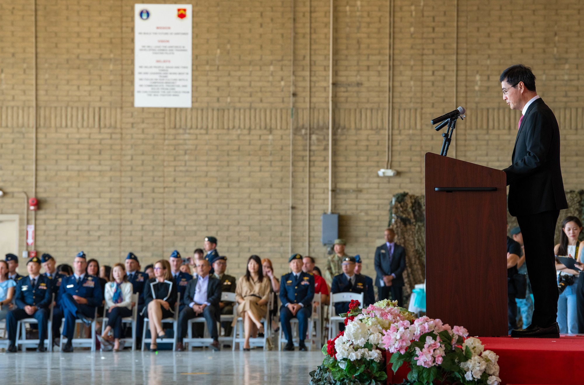 Heng Chee How, Republic of Singapore Senior Minister of State for Defence, gives a speech during the Republic of Singapore Air Force Peace Carvin II 30th Anniversary celebration event, April 25, 2023, at Luke Air Force Base, Arizona.