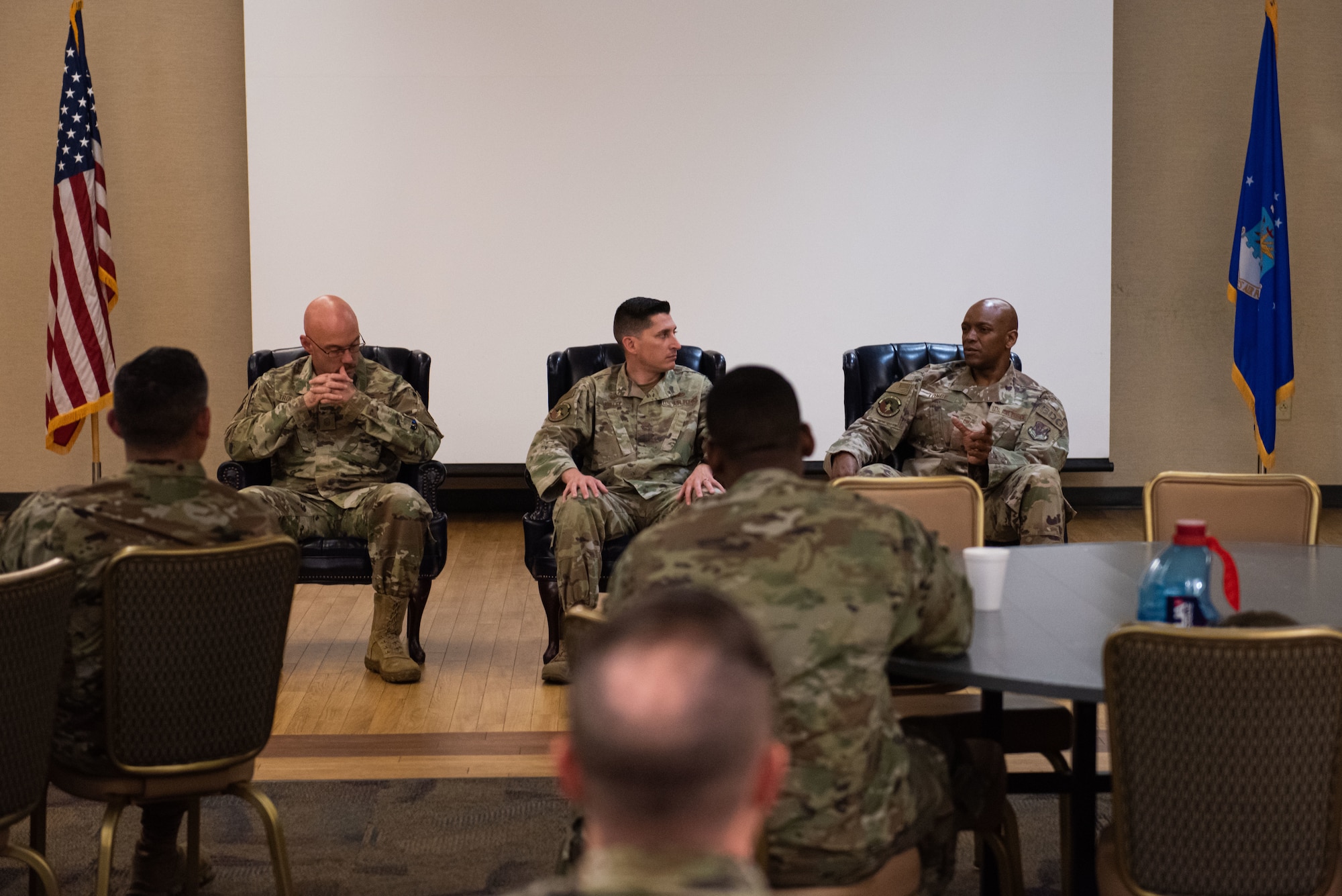 U.S. Air Force Senior Master Sgt. Samaki Tonge, 824th Base Defense Squadron senior enlisted leader, answers a question.
