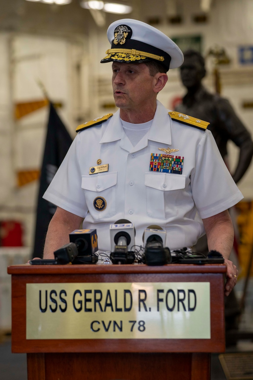 Rear Adm. Gregory Huffman, commander, Carrier Strike Group (CSG) 12, speaks to media about the upcoming deployment aboard the capital ship of the Gerald R. Ford Carrier Strike Group (GRFCSG), the first-in-class aircraft carrier USS Gerald R. Ford (CVN 78), May 2.
