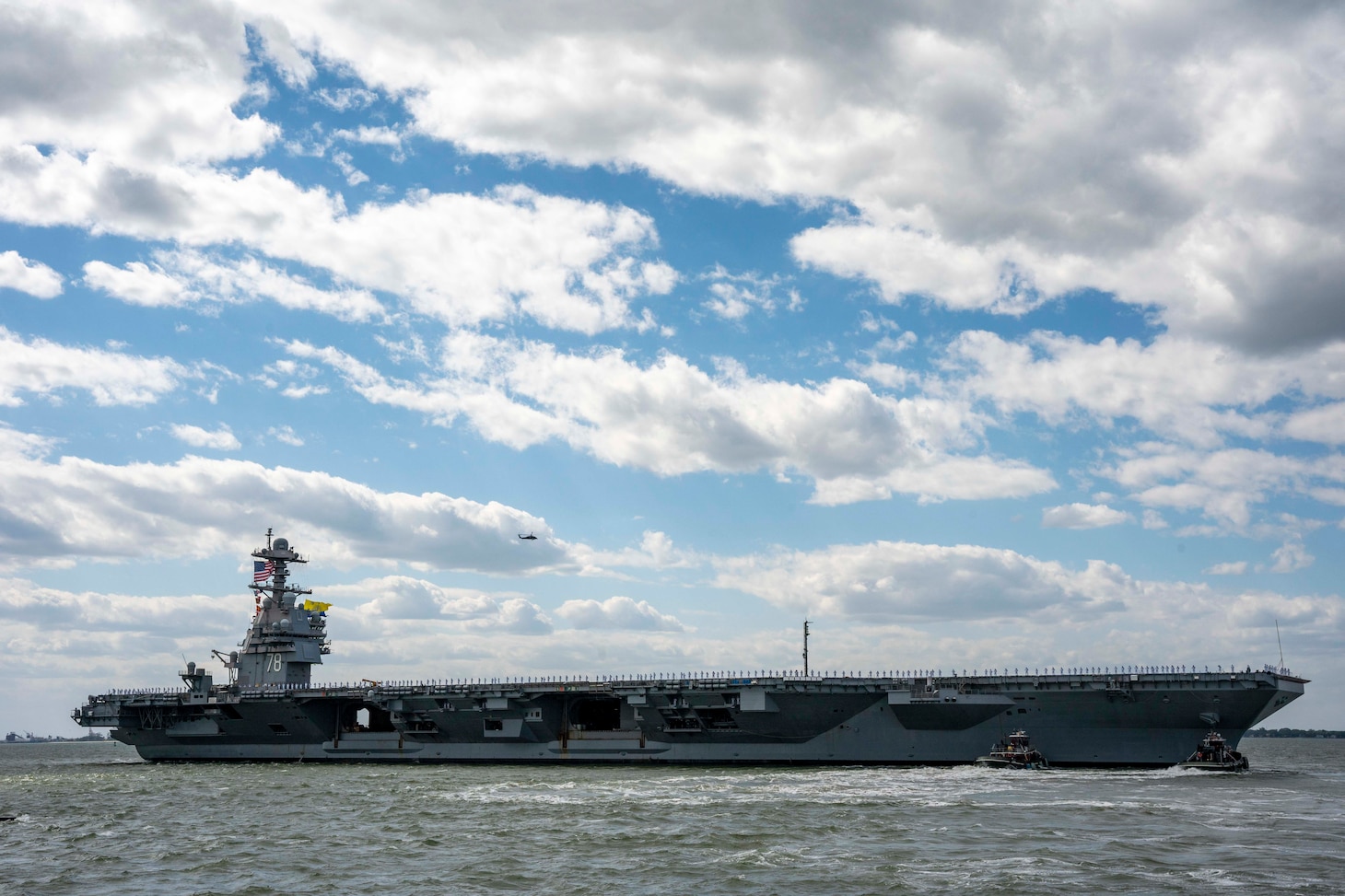 The capital ship of the Gerald R. Ford Carrier Strike Group (GRFCSG), the first-in-class aircraft carrier USS Gerald R. Ford (CVN 78), departs Naval Station Norfolk for a routine deployment, May 2.