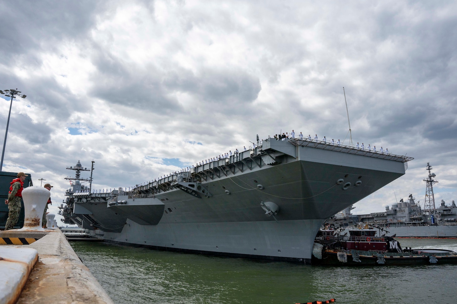 The capital ship of the Gerald R. Ford Carrier Strike Group (GRFCSG), the first-in-class aircraft carrier USS Gerald R. Ford (CVN 78), departs Naval Station Norfolk for a routine deployment, May 2.