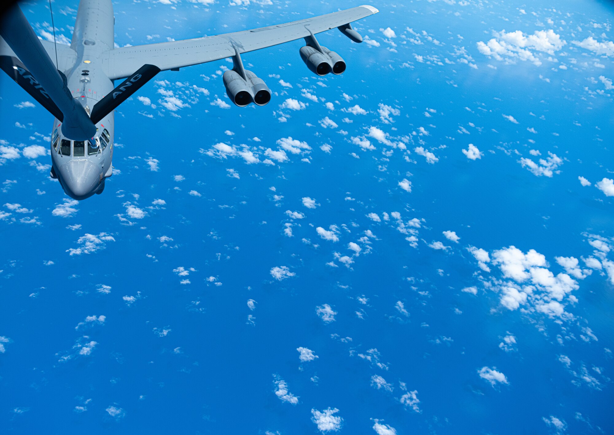 A B-52 Stratofortress assigned to the 2nd Bomb Wing at Barksdale Air Force Base, Louisiana receives aerial refueling from a KC-135 near Andersen Air Force Base, Guam, April 26, 2023. In order to provide a safe, secure, effective and ready strategic deterrent, U.S. Indo-Pacific Command forces must be ready to respond to regional threats. (U.S. Air Force photo by 2nd Lt Jonathan Villegas)