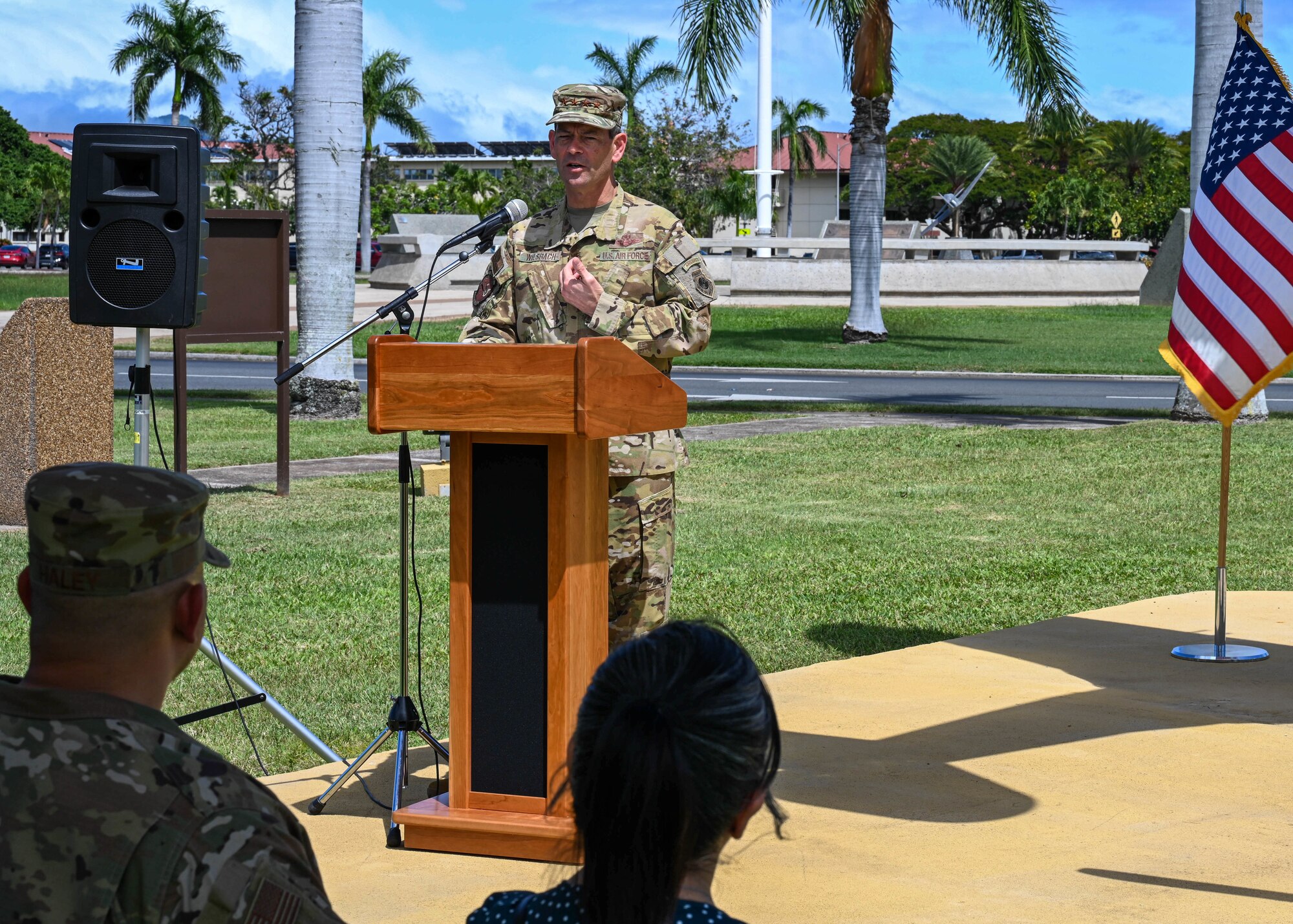 Gen. Ken Wilsbach, Pacific Air Forces commander, speaks during a street rededication ceremony at Joint Base Pearl Harbor-Hickam, Hawaii, April 26, 2023.