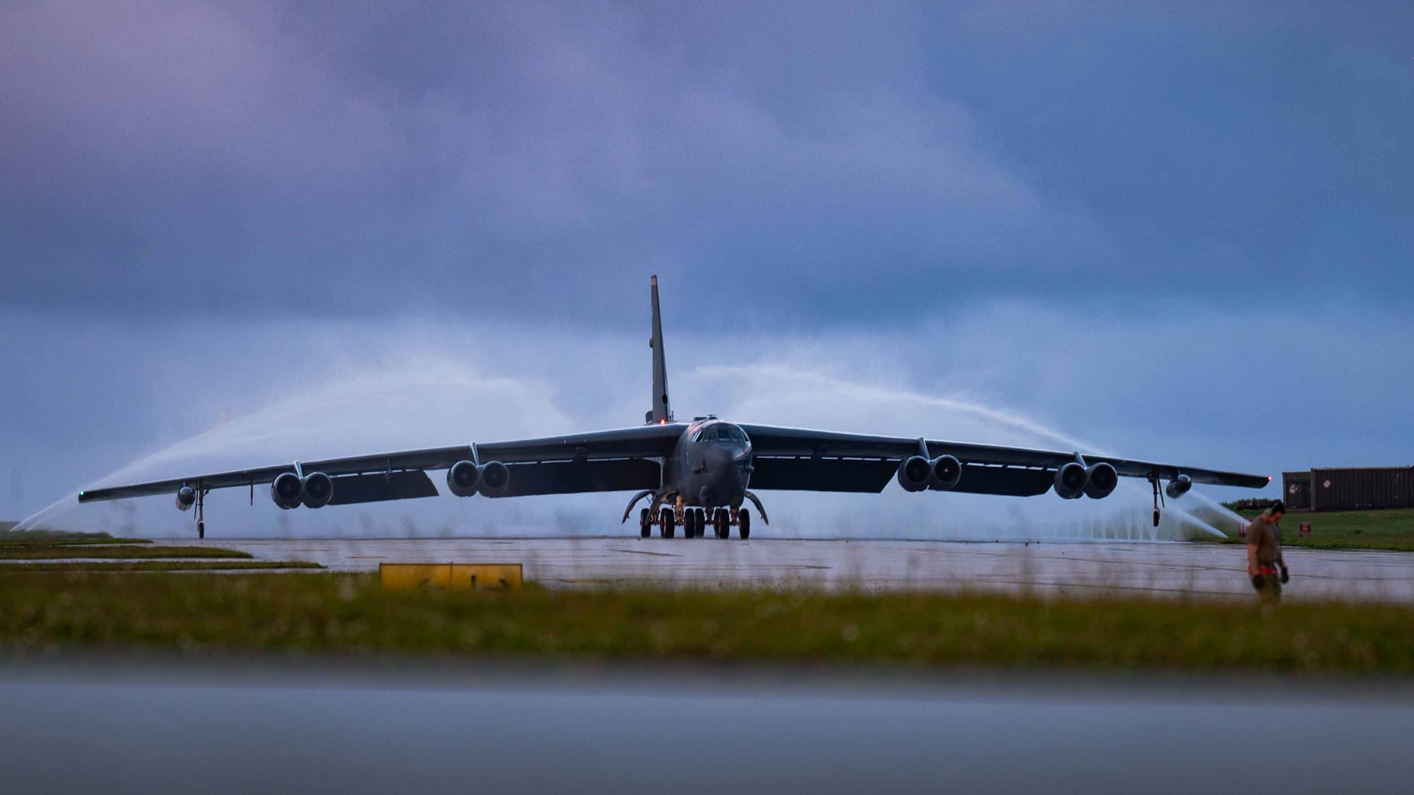 A B-52 Stratofortress assigned to a Bomber Task Force from the 2nd Bomb Wing at Barksdale Air Force Base, Louisiana, is rinsed at Andersen Air Force Base, Guam, April 1, 2023. Together with our allies and partners, the United States is dedicated to maintaining a region composed of nations that adhere to the international rule of law. (U.S. Air Force photo by Airman 1st Class William Pugh)