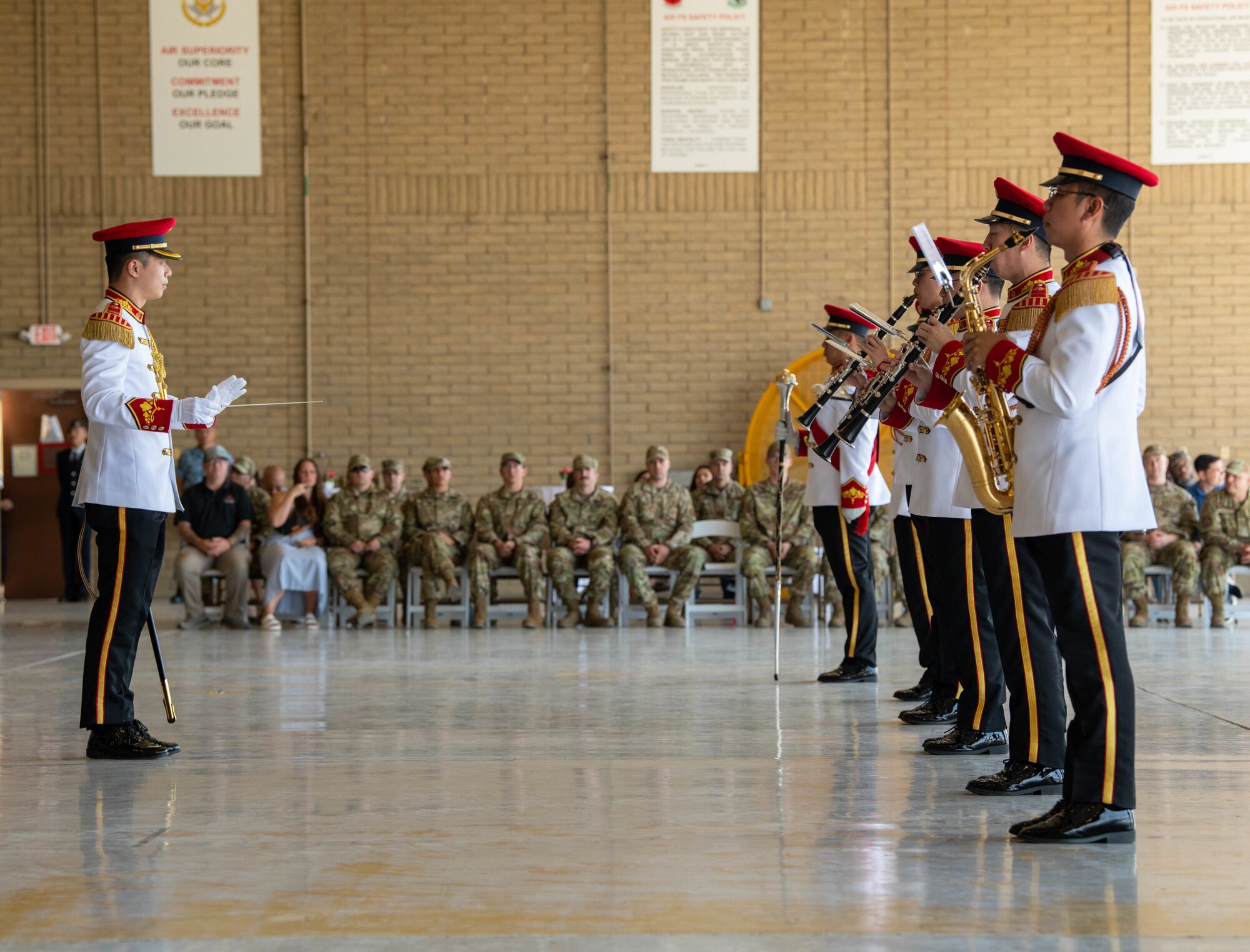 The Singapore Armed Forces Central Band performs for the Republic of Singapore Air Force Peace Carvin II 30th Anniversary celebration parade April 25, 2023, at Luke Air Force Base, Arizona.