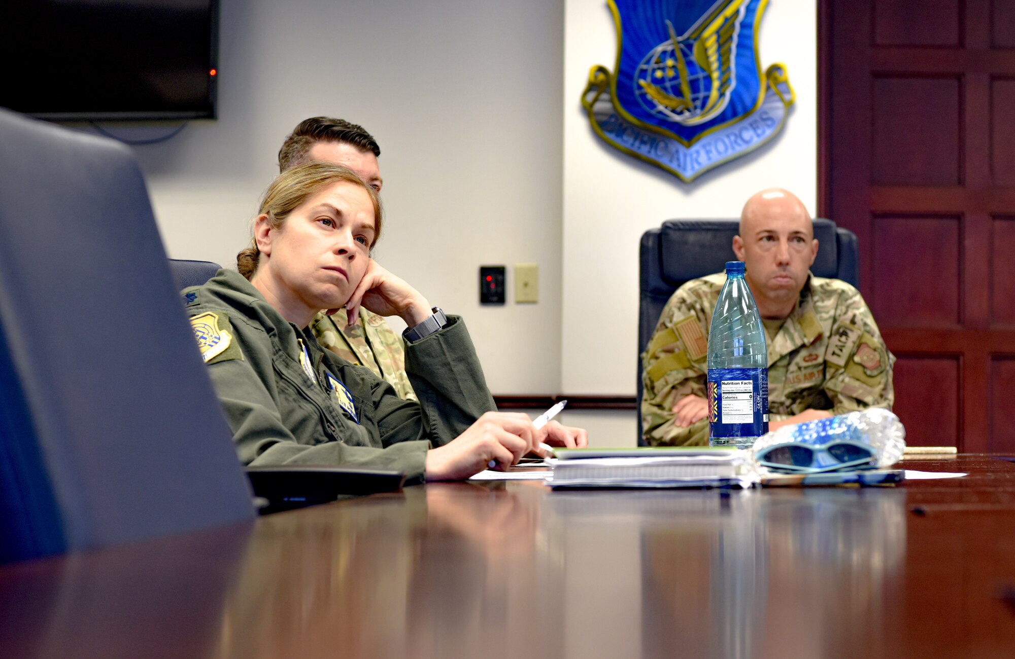 Leadership from across the 15th Wing listen to a presentation during the inaugural 15th Wing Spark Tank competition on Joint Base Pearl Harbor-Hickam, Hawaii, April 28, 2023.