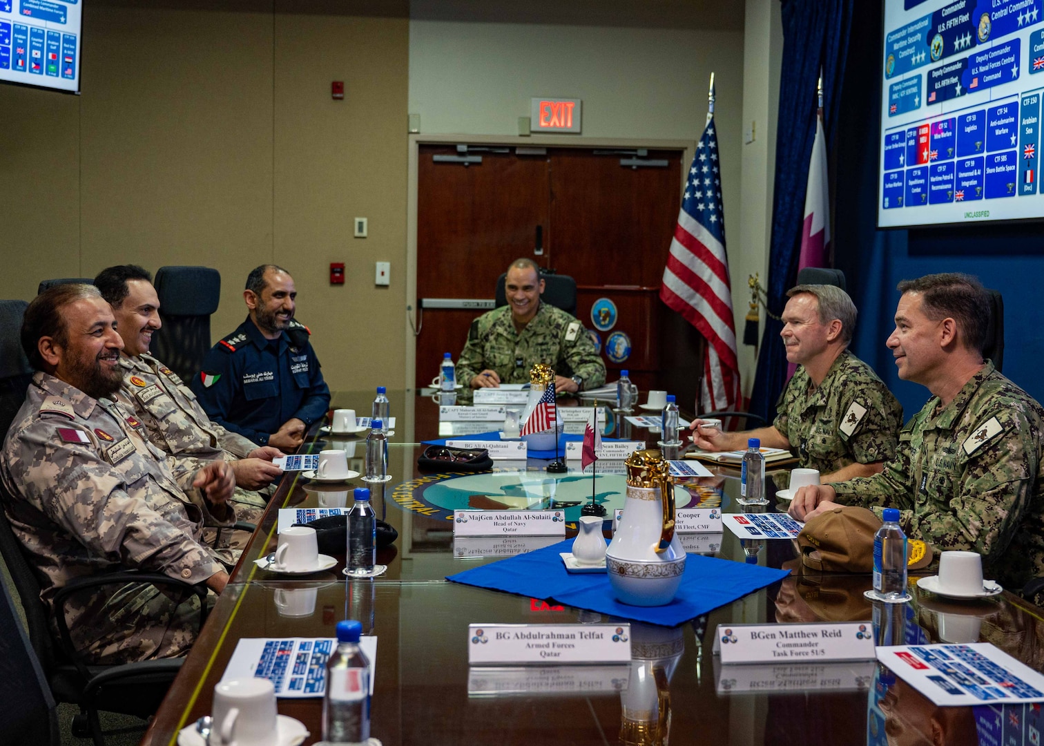 MANAMA, Bahrain (May 2, 2023) Senior military leaders from Qatar, Kuwait and U.S. Naval Forces Central Command meet at U.S. 5th Fleet headquarters in Manama, Bahrain, May 2, 2023.