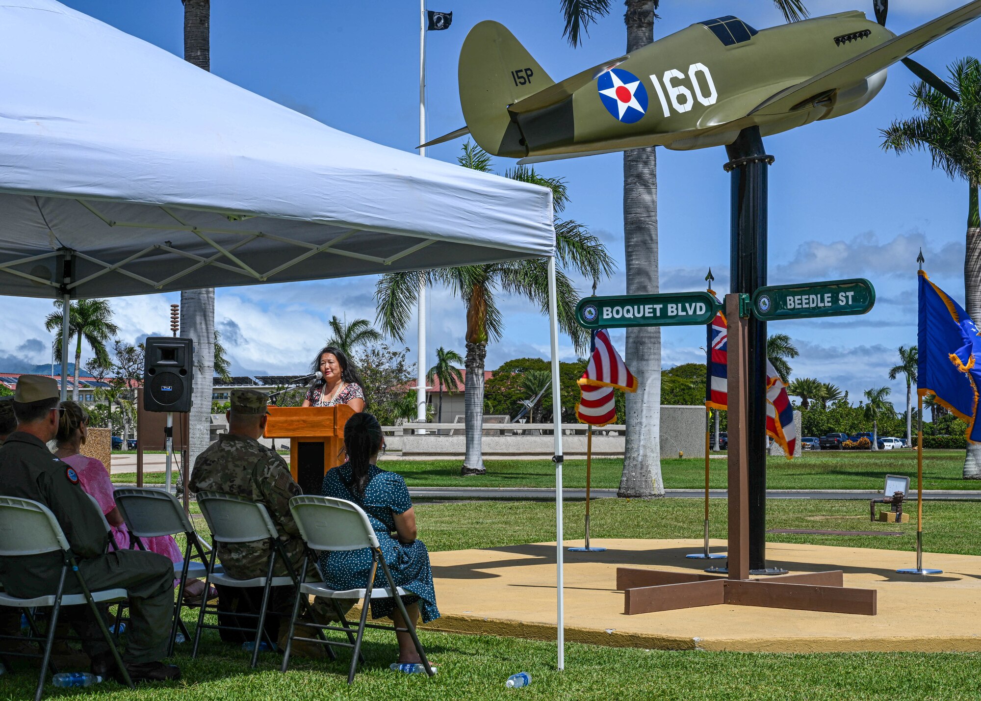 Jessie Higa, 15th Wing local historian, gives heartfelt remarks during a rededication ceremony at Joint Base Pearl Harbor-Hickam, Hawaii, April 26, 2023.
