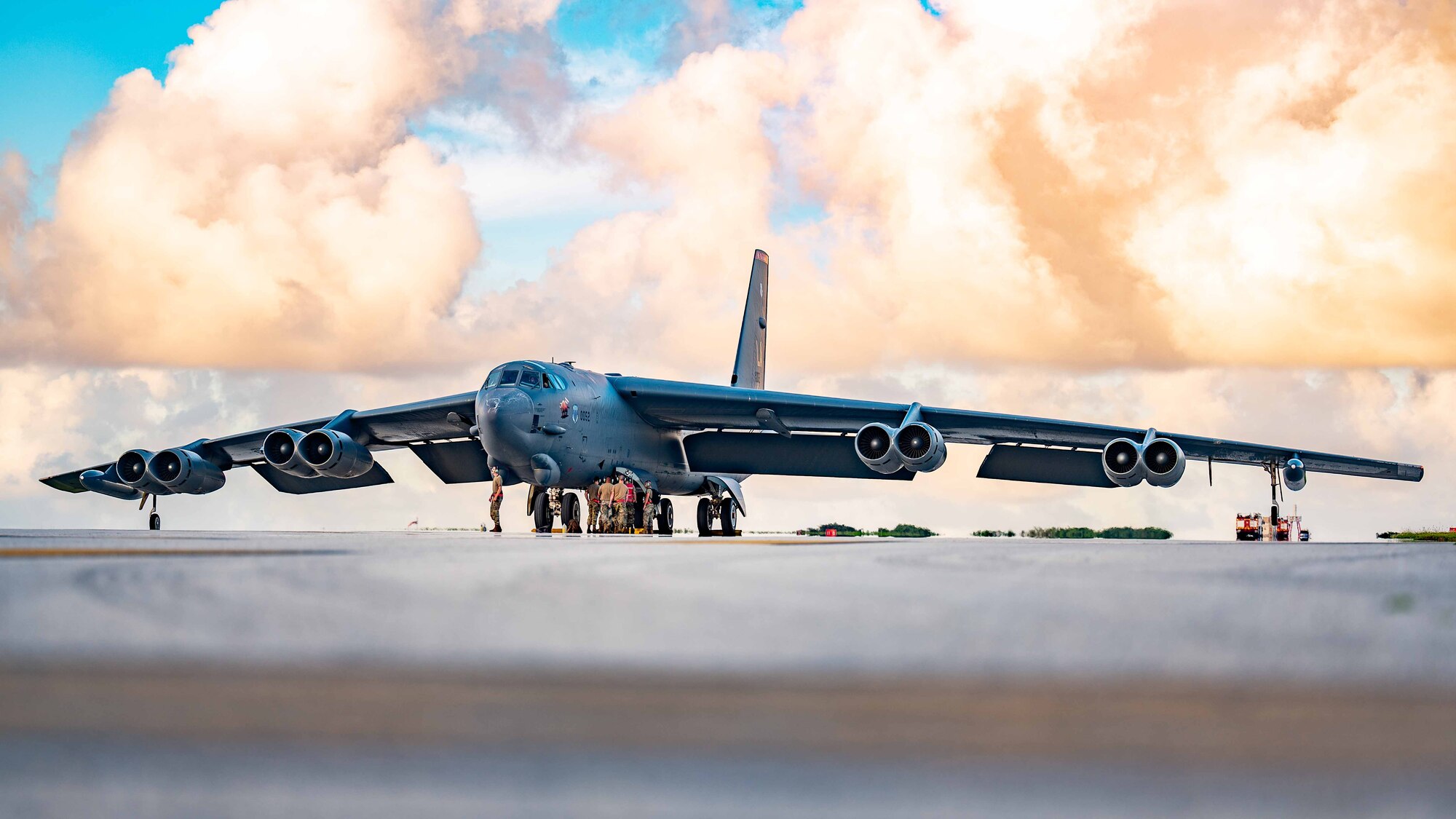 A B-52 Stratofortress assigned to the 2nd Bomb Wing at Barksdale Air Force Base, Louisiana receives maintenance at Andersen Air Force Base, Guam in support of a Bomber Task Force mission, April 11, 2023.
