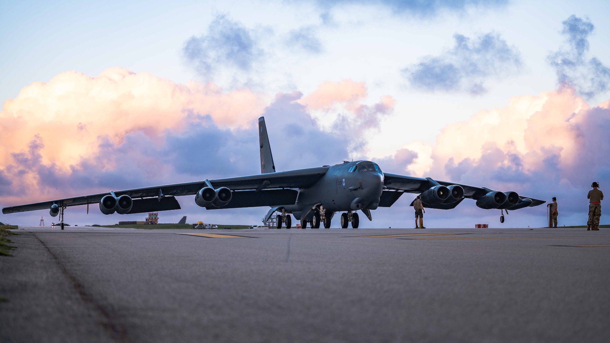 A B-52 Stratofortress assigned to a Bomber Task Force from the 2nd Bomb Wing at Barksdale Air Force Base, Louisiana, taxis at Andersen Air Force Base, Guam, April 1, 2023. Bomber missions are designed to showcase Pacific Air Forces’ ability to deter, deny, and dominate any influence or aggression from adversaries or competitors. (U.S. Air Force photo by Airman 1st Class William Pugh)