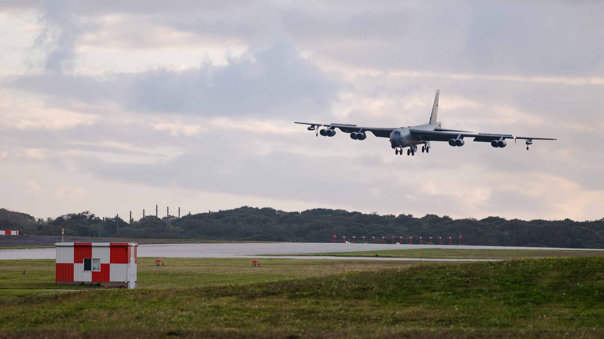 A B-52 Stratofortress assigned to the 2nd Bomb Wing at Barksdale Air Force Base, Louisiana arrives at Andersen Air Force Base, Guam in support of a Bomber Task Force mission, April 1, 2023. Bomber missions demonstrate lethality and interoperability in support of a free and open Indo-Pacific. (U.S. Air Force photo by Airman 1st Class William Pugh)