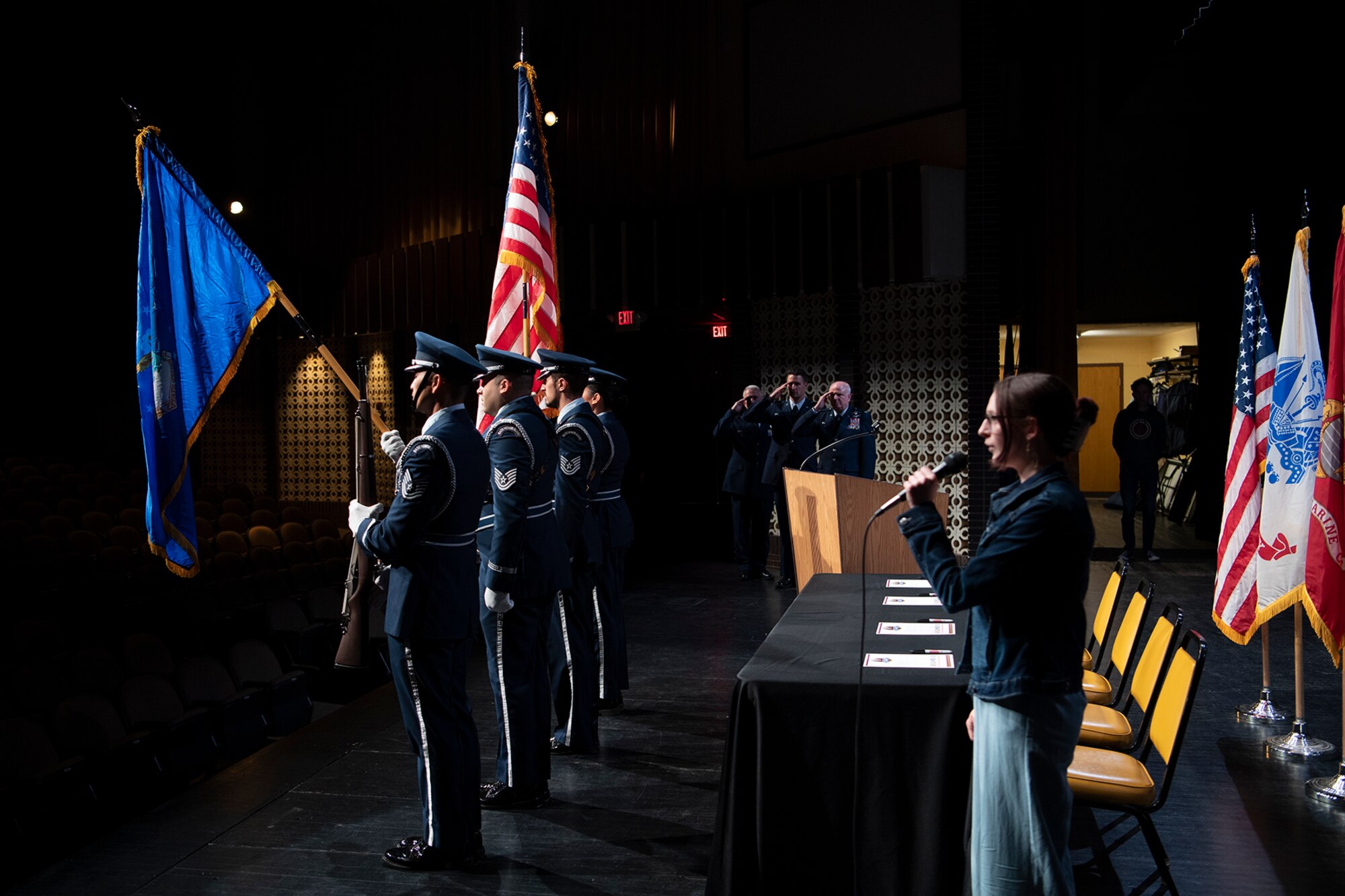 A Peru High School student sings the National Anthem during a military signing day event at the school May 1, 2023. The event highlighted those students who decided to join the military after graduation. and become the next generation of citizen warriors. (U.S. Air Force photo/TSgt. Jami Lancette)