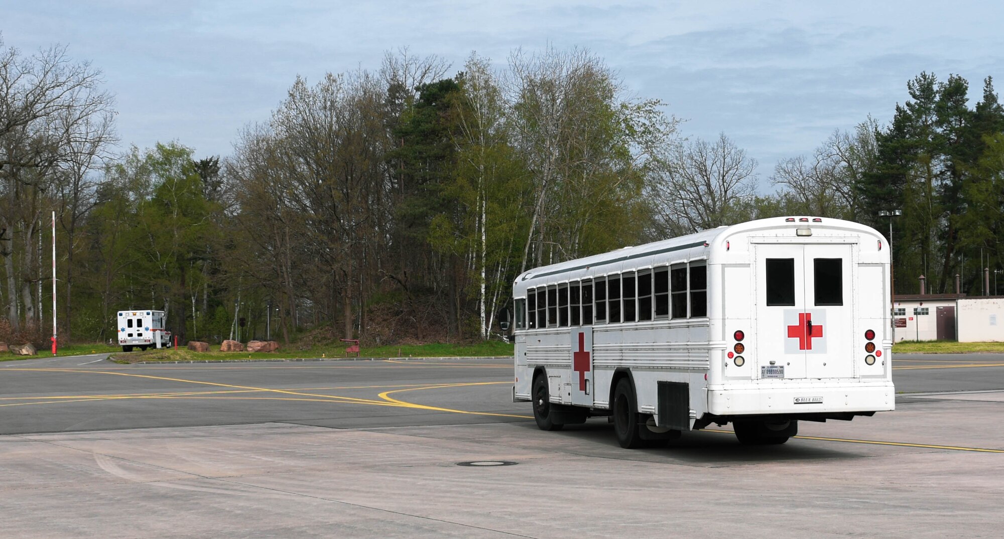 86th Airlift Wing volunteers are transported to the 86th Medical Group campus during exercise Ready Eagle II at Ramstein Air Base, Germany, April 27, 2023. After volunteers were treated for any simulated injuries, they were transported to the medical group campus for further treatment. The first responders on the scene worked as a team to provide the best emergent medical care for the volunteers and received feedback following the exercise.