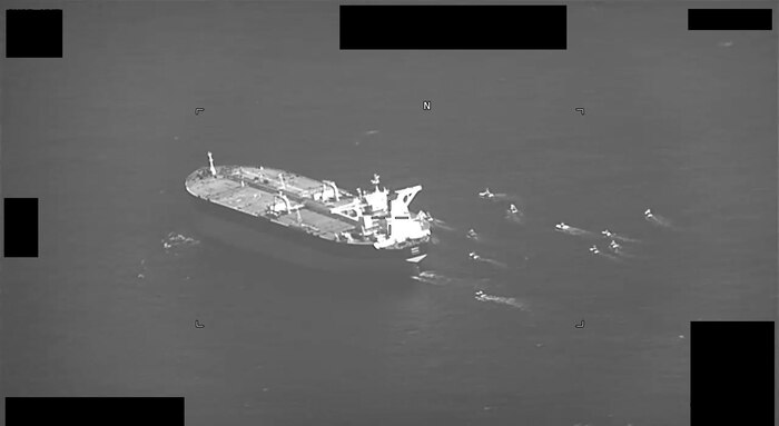 STRAIT OF HORMUZ (May 3, 2023) A screenshot of a video showing fast-attack craft from Iran’s Islamic Revolutionary Guard Corps Navy swarming Panama-flagged oil tanker Niovi as it transits the Strait of Hormuz, May 3, 2023.