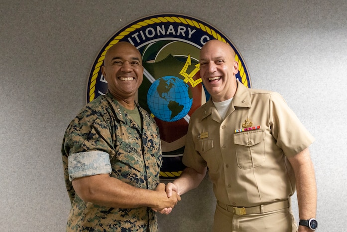 U.S. Marine Corps Lt. Gen. Brian W. Cavanaugh, the commanding general of Fleet Marine Force, Atlantic, Marine Forces Command, Marine Forces Northern Command, greets Expeditionary Warfare Training Group, Atlantic leadership EWTGLANT, Virginia, April 27, 2023. Cavanaugh spoke with Expeditionary Warfare Training Group, Atlantic leadership after inspecting a Long Range Unmanned Surface Vessel. The LRUSV is semiautonomous vessel that will primarily serve as an intelligence, surveillance and reconnaissance platform. (U.S. Marine Corps photo by Sgt. Kealii De Los Santos)