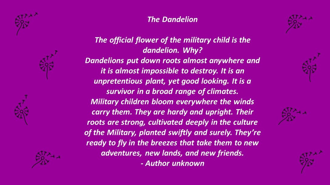 White letters on purple background detailing the Dandelion poem for military children