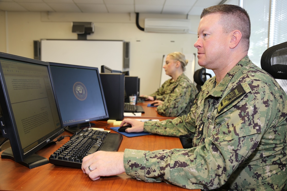 230428-N-YR423-1753 PENSACOLA, Fla. (April 28, 2023) – Chief Aircrew Survival Equipmentman Raymond Rainer, reviews references while attending the Aircrew Survival Equipmentman (PR) Advancement Examination Readiness Review (AERR) in Pensacola, Florida, April 28, 2023. AERRs bring together fleet subject matter experts to develop and review Navy-wide advancement exam content for their rating. (U.S. Navy photo by Cheryl Dengler)