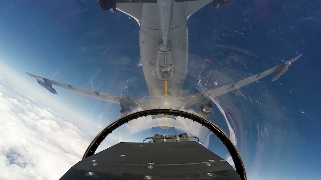 A KC-46 Pegasus conducts an air refueling test mission with a F-16 Fighting Falcon over the skies of Southern California. Aerial refueling is one of the core components of the U.S. Air Force. This mission allows our aircraft that don't have that much fuel to fly for much longer durations. (Photo courtesy of Boeing)