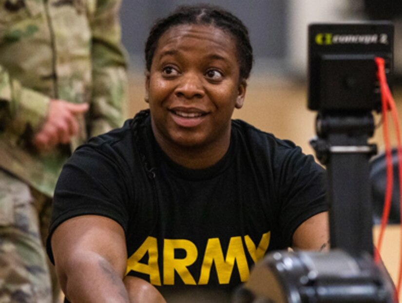 U.S. Army Staff Sgt. Jewel Lewis practices rowing during the U.S. Army Adaptive Sports Camp at Fort Bragg, North Carolina, April 05. Over 70 wounded, ill and injured Soldiers are training in a series of athletic events including archery, cycling, shooting, sitting volleyball, swimming, powerlifting, track, field, rowing, and wheelchair basketball. The Adaptive Sports Camp celebrates wounded, ill, and injured Soldiers' ability to recover and overcome. The Army holds qualifying trials for Active Duty, wounded, ill or injured Soldiers to assess and select athletes for competition in the Warrior Games Challenge. This year, the Warrior Games Challenge takes place in June 2023 at Naval Air Station North Island in San Diego, California. (U.S. Army photo by Spc Mark Davis)