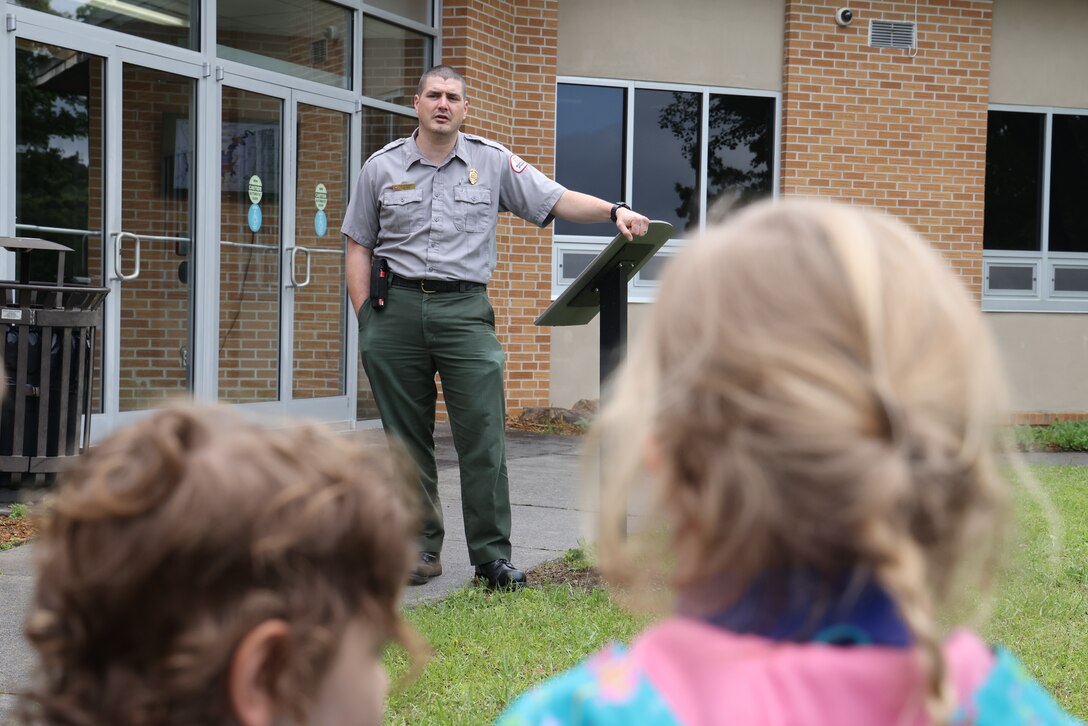 George McBroom, Natural Resource Specialist at Carters Lake, speaks to visitors at the reopening of the new Carters Lake Nature Center in Carters Lake, Georgia, April 28, 2023. McBroom along with the help of students from Kennesaw State University, was able to revamp and update the Nature Center providing a state-of-the-art experience for visitors.