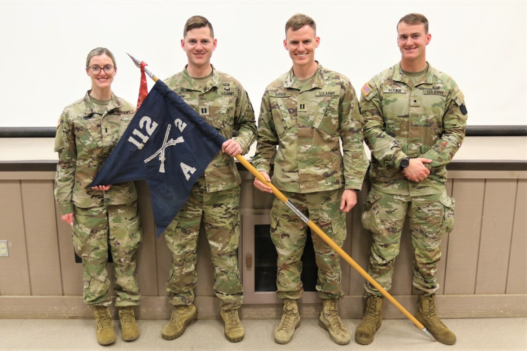 During a change of command for Alpha Company, 2nd Battalion, 112th Infantry Regiment, 56th Stryker Brigade Combat team, 28th Infantry Division, Pennsylvania Army National Guard held on April 28, 2023, at Ft. Indiantown Gap, 1st. Lt. Karolyn Kerwin acted as the master of ceremonies and Cadet Samuel Kerwin gave the invocation during the transfer of authority from Capt. Joseph Kerwin to Capt. John “Jack” Kerwin. Pictured are 1st Lt. Karolyn M. Kerwin, Capt. Joseph P. Kerwin, Capt. John “Jack” R. Kerwin, and Cadet Samuel H. Kerwin of Task Force Paxton.