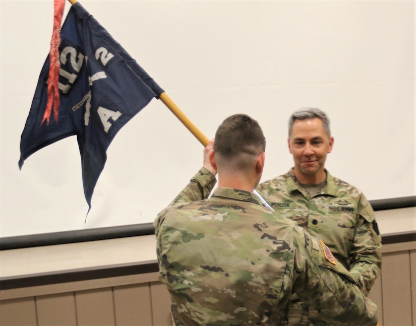 Task Force Paxton conducted a change of command ceremony April 28, 2023, at Ft. Indiantown Gap, for Alpha Company, 2-112th Infantry Regiment, 56th Stryker Brigade Combat Team, 28 Infantry Division, Pennsylvania Army National Guard. Capt. Joseph Kerwin passes the guidon to Lt. Col. Eric Ponzek signifying his relinquishing of command.