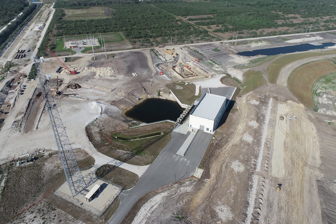 Aerial photo of the C-43 West Basin Storage Reservoir S-470 pump station where the alum injection system is proposed to be installed