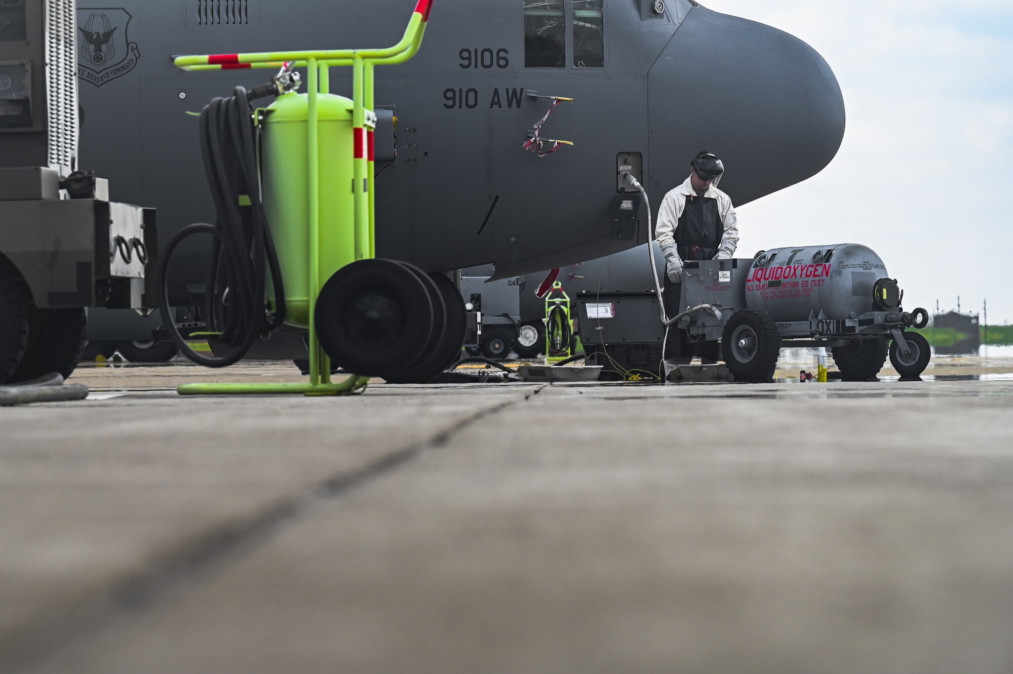 Senior Airman Creston Shirey, an aerospace maintenance specialist assigned to the 910th Maintenance Squadron, refills a C130H Hercules aircraft with liquid oxygen on April 25, 2023, at Youngstown Air Reserve Station, Ohio.