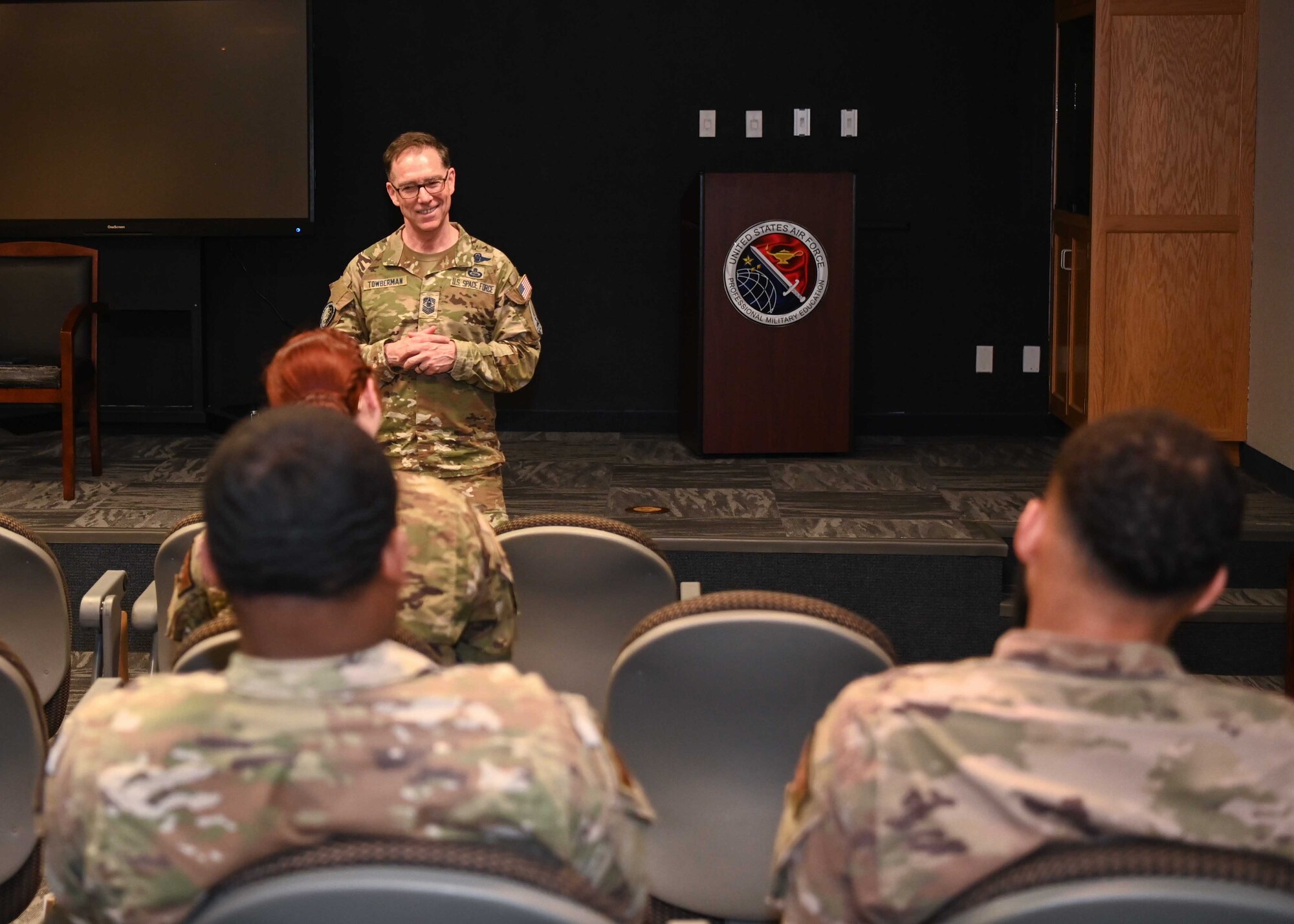 Chief Master Sgt. of the Space Force Roger A. Towberman senior enlisted advisor speaks to the Airman Leadership class 22-D at Vandenberg Space Force Base, Calif., May 2, 2023. Towberman serves as the highest enlisted level of leadership, provides direction for the enlisted force, and represents their interests to the American public and to those in all levels of government. (U.S. Space Force photo by Senior Airman Tiarra Sibley)