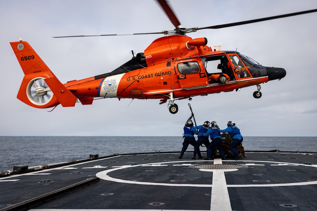 An MH-65 from the embarked Aviation Detachment (AVDET)
from U.S. Coast Guard Air Station Kodiak lands on the flight deck of U.S. Coast Guard Cutter Alex Haley off the coast of Unalaska, Alaska, March 25, 2023. Alex Haley's primary missions include homeland security, search and rescue, and international/domestic fisheries enforcement.