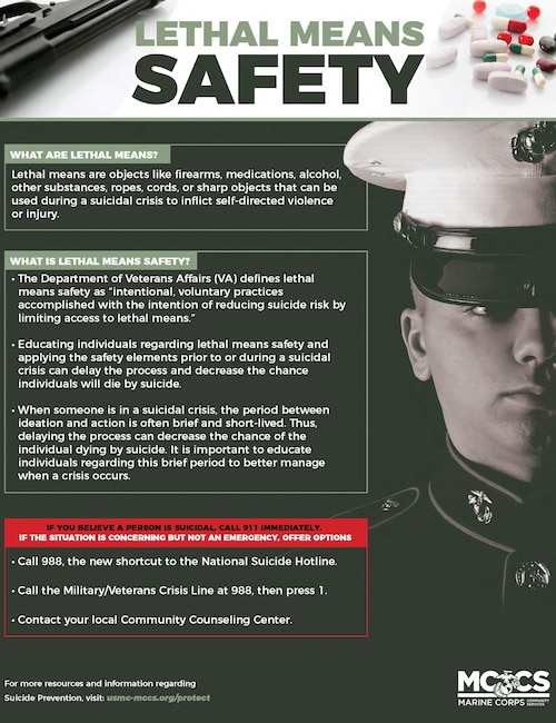 Lethal means are objects like firearms, medications, alcohol, other substances, ropes, cards, or sharp objects that can be used during a suicidal crisis to inflict self-directed violence or injury.