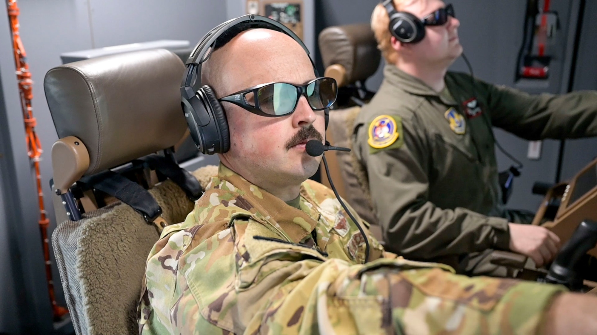 MSgt. Matthew Giles, Chief Boom Operator, 418th Flight Test Squadron tests the new Remote Vision System 2.0 update on a KC-46 Pegasus at Edwards Air Force Base, Calif.  The partnership of Boeing and the U.S. Air Force includes the development of Flight Test Procedures (FTP’s) and multiple safety reviews of those procedures.