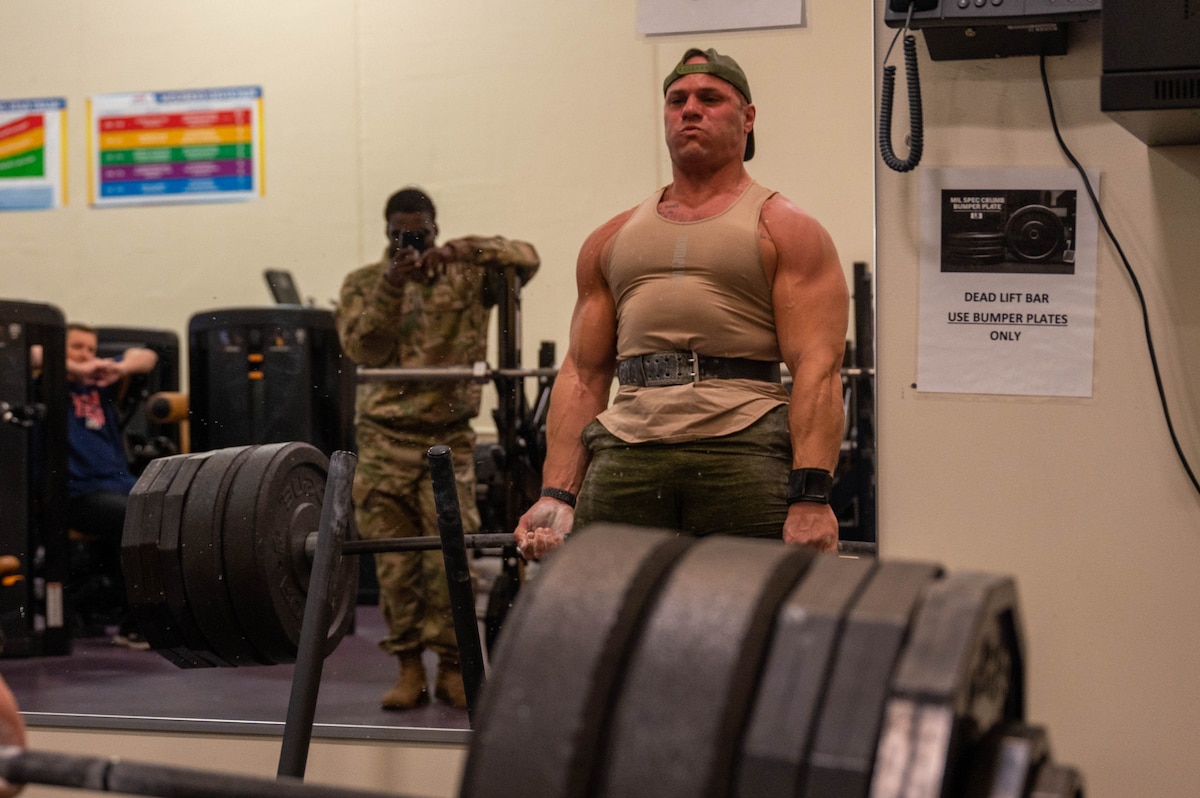U.S. Air Force Master Sgt. Jarod Smith, a 133rd Civil Engineering Squadron installation emergency manager, deadlifts over 500 pounds for a strongman competition at the fitness center on Minneapolis-St. Paul Air Reserve Station, Minneapolis, on April 20, 2023. The strongman competition had the competitors participate in 11 events over the period of two days, consisting of a variety of physically strenuous events. (U.S. Air Force photo by Senior Airman Matthew Reisdorf)