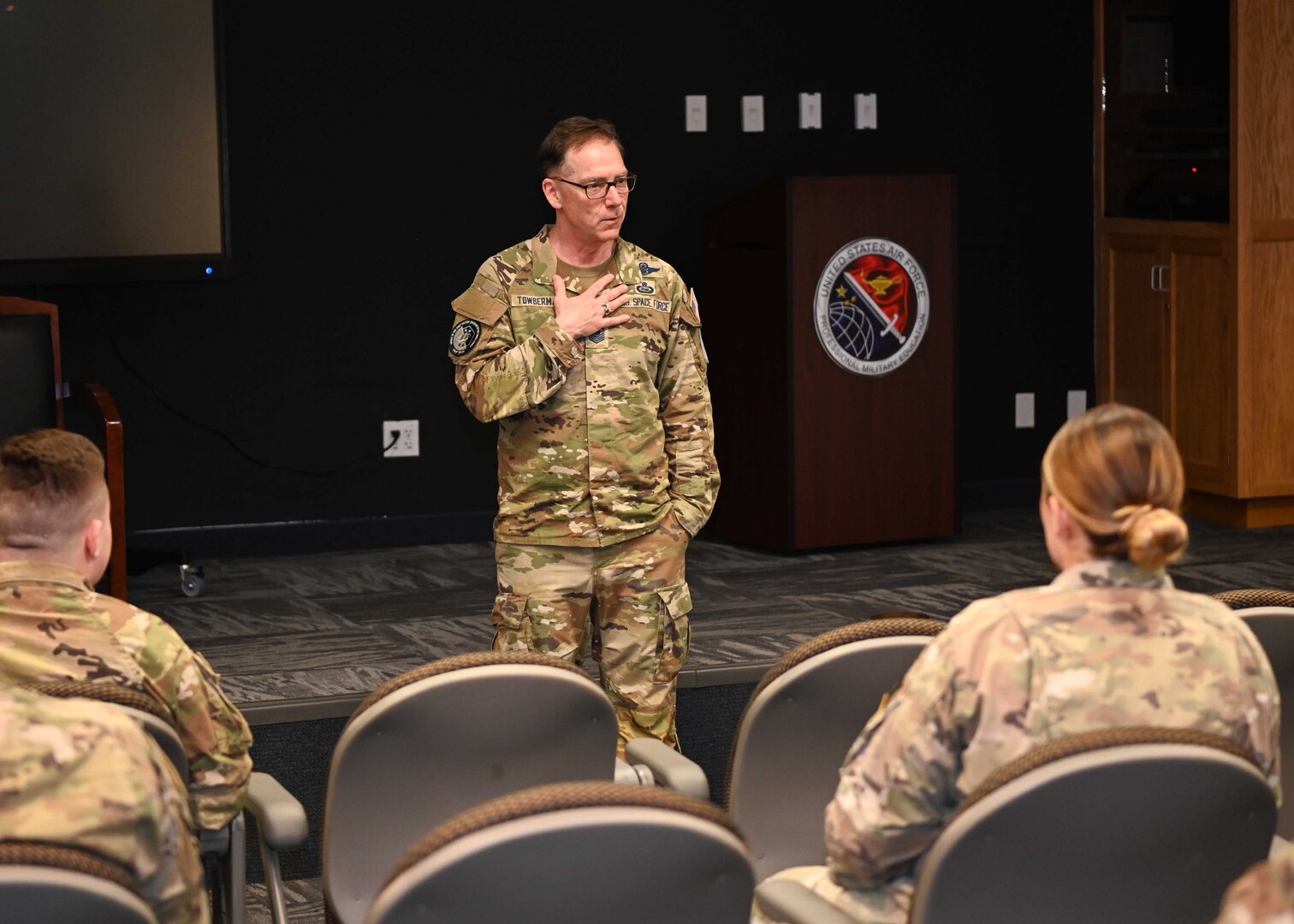 Chief Master Sgt. of the Space Force Roger A. Towberman speaks to the Airman Leadership class 22-D at Vandenberg Space Force Base, Calif., May 2, 2023. Towberman entered the United States Space Force on April 3, 2020. (U.S. Space Force photo by Senior Airman Tiarra Sibley)