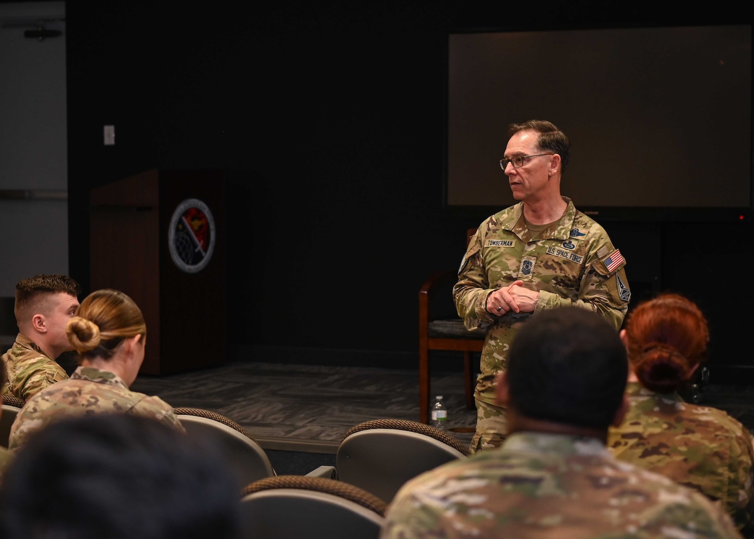 Chief Master Sgt. of the Space Force, Roger A. Towberman speaks to the Airman Leadership class 22-D at Vandenberg Space Force Base, Calif., May 2, 2023. In 1995, Towberman attended the Pacific Air Forces Airman Leadership School at Hickam Air Force Base, Hawaii. (U.S. Space Force photo by Senior Airman Tiarra Sibley)