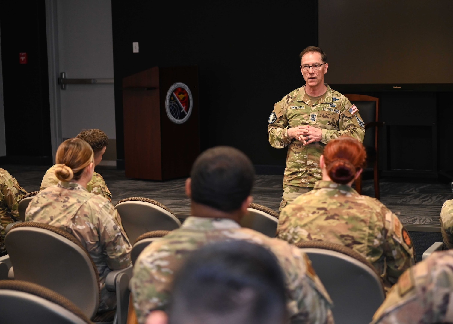 Chief Master Sgt. of the Space Force Roger A. Towberman speaks to the Airman Leadership class 22-D at Vandenberg Space Force Base, Calif., May 2, 2023. Towberman acts as the personal advisor to the Chief of Space Operations and the Secretary of the Air Force on all issues regarding the welfare, readiness, morale, proper utilization, and development of the U.S. Space Force. (U.S. Space Force photo by Senior Airman Tiarra Sibley)