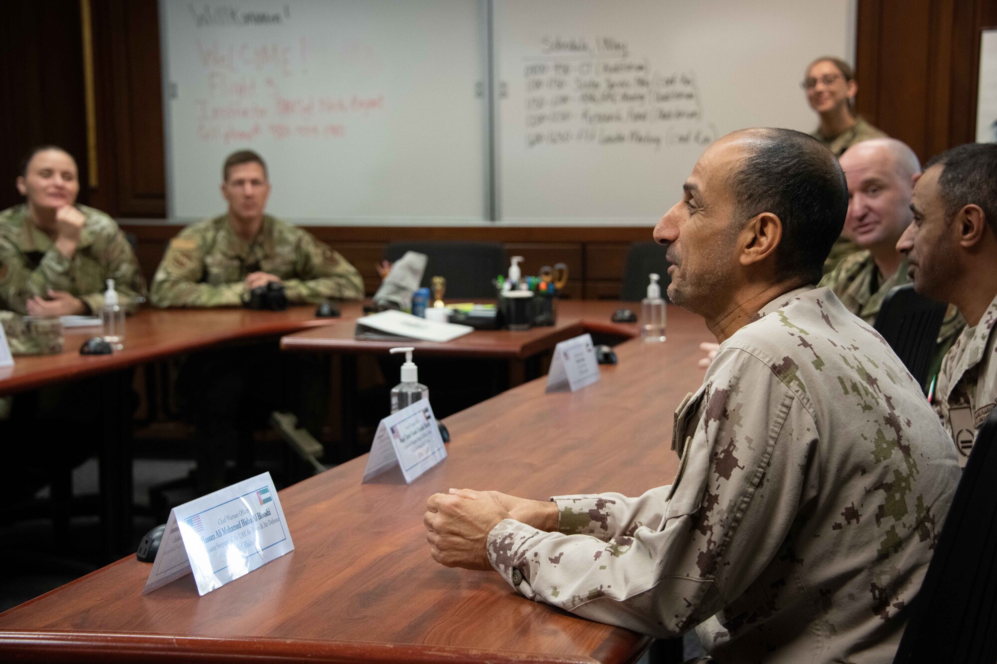 Chief Master Sgt. of the United Arab Emirates Air Force and Air Defence Hassan Ali Mohamed Bisho Al Booshi and his team were at Air University’s Thomas N. Barnes Center for Enlisted Education, April 22-26, 2023. They received tours and immersion briefings on the Air Force's enlisted professional military education programs. Chief Bisho was keenly interested in the Air Force's enlisted PME programs as he is proposing to completely reform UAE's enlisted PME based on the Air Force model.  (U.S. Air Force photo by Melanie Rodgers Cox)