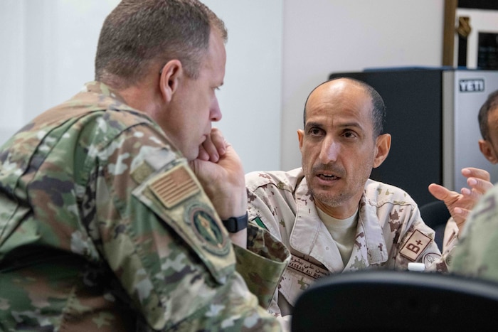 Chief Master Sgt. of the United Arab Emirates Air Force and Air Defence Hassan Ali Mohamed Bisho Al Booshi and his team were at Air University’s Thomas N. Barnes Center for Enlisted Education, April 22-26, 2023. They received tours and immersion briefings on the Air Force's enlisted professional military education programs. Chief Bisho was keenly interested in the Air Force's enlisted PME programs as he is proposing to completely reform UAE's enlisted PME based on the Air Force model.  (U.S. Air Force photo by Melanie Rodgers Cox)