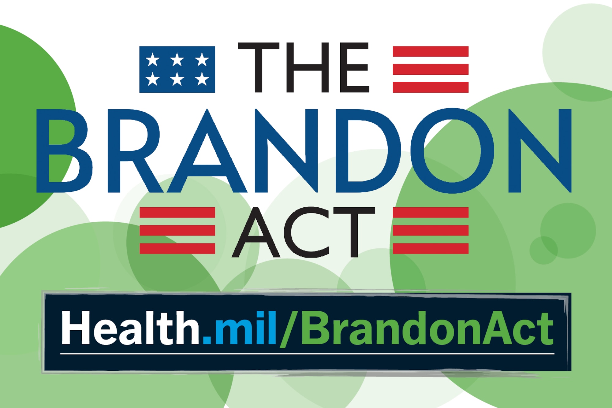 The Brandon Act written over a backround of green circles with patches of stars and stripes and the link text: Health.mil/BrandonAct.