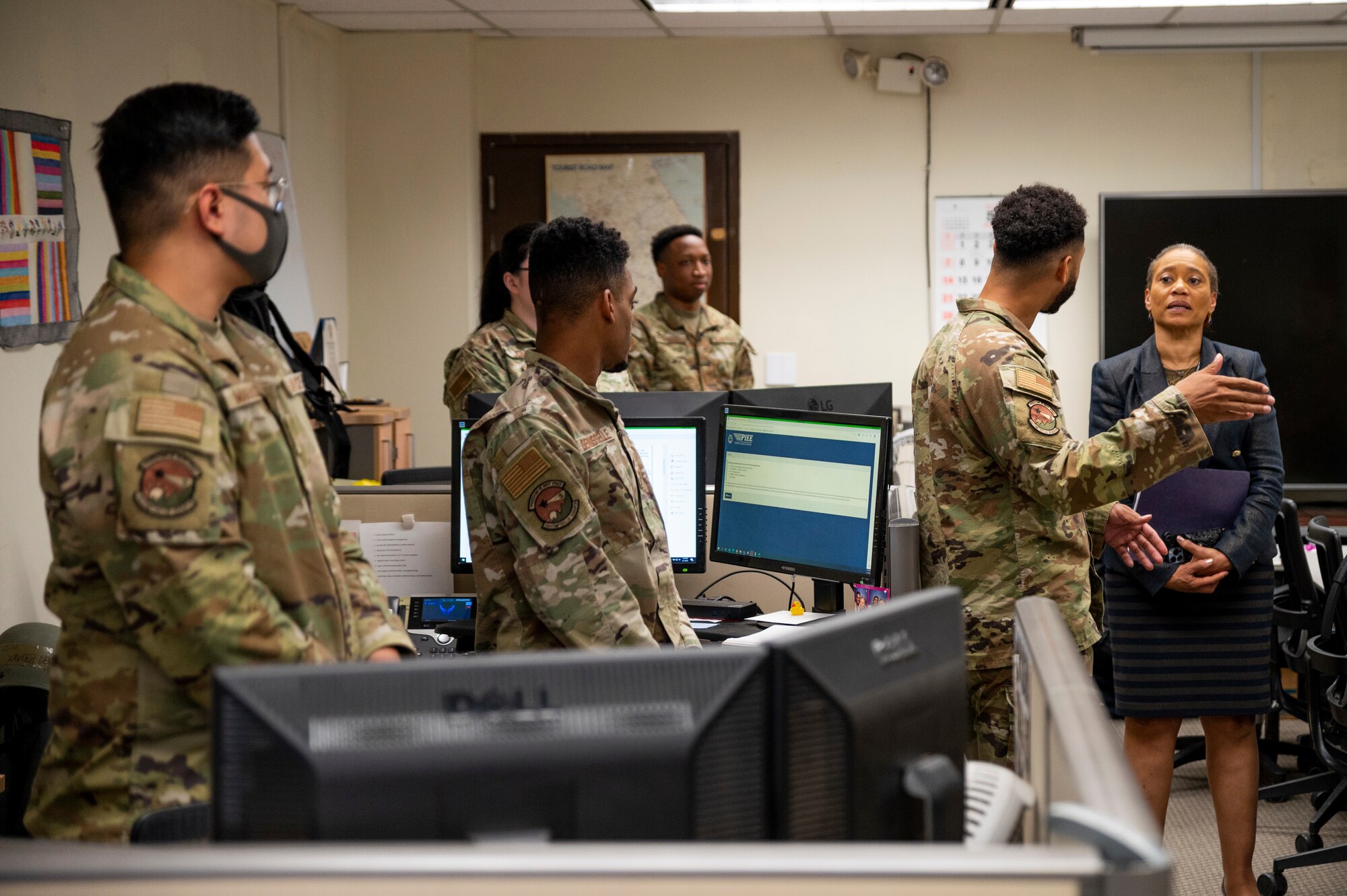 Audrey Davis, Defense Finance and Accounting Service director, speaks with members of the 51st Comptroller Squadron (CPTS) during her visit to the 51st Fighter Wing at Osan Air Base, Republic of Korea, May 1, 2023.