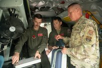 KC-135 boom operators assigned to the 121st Air Refueling Wing, Ohio Air National Guard, receive instruction on ground refueling and maintenance of a KC-135 Stratotanker during Operation Hoodoo Sea  April 28, 2023, at Joint Base Langley-Eustis, Virginia.