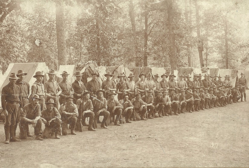 Soldiers from the 1st Regiment, Pennsylvania Volunteer Infantry pose for a photo at Chickamauga, Georgia, in June 1898 during their mobilization for the Spanish-American War. (Photo courtesy of Sgt. 1st Class Aaron Heft)