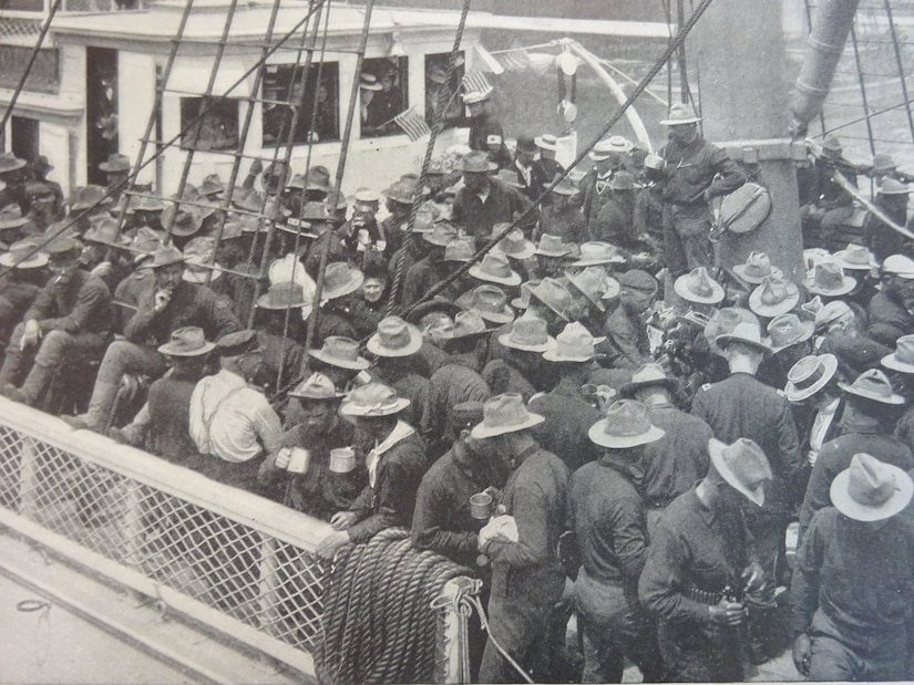 Soldiers from the 10th Pennsylvania Volunteer Infantry on the deck of the SS Zelandia June 15, 1898, bound for Manila, Philippines, during the Spanish-American War. (From "History of the 10th Pennsylvania Volunteer Infantry")