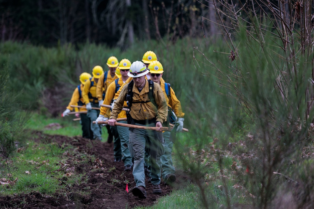 National Guardsmen train walk in a line carrying axes to train for wildfire response.