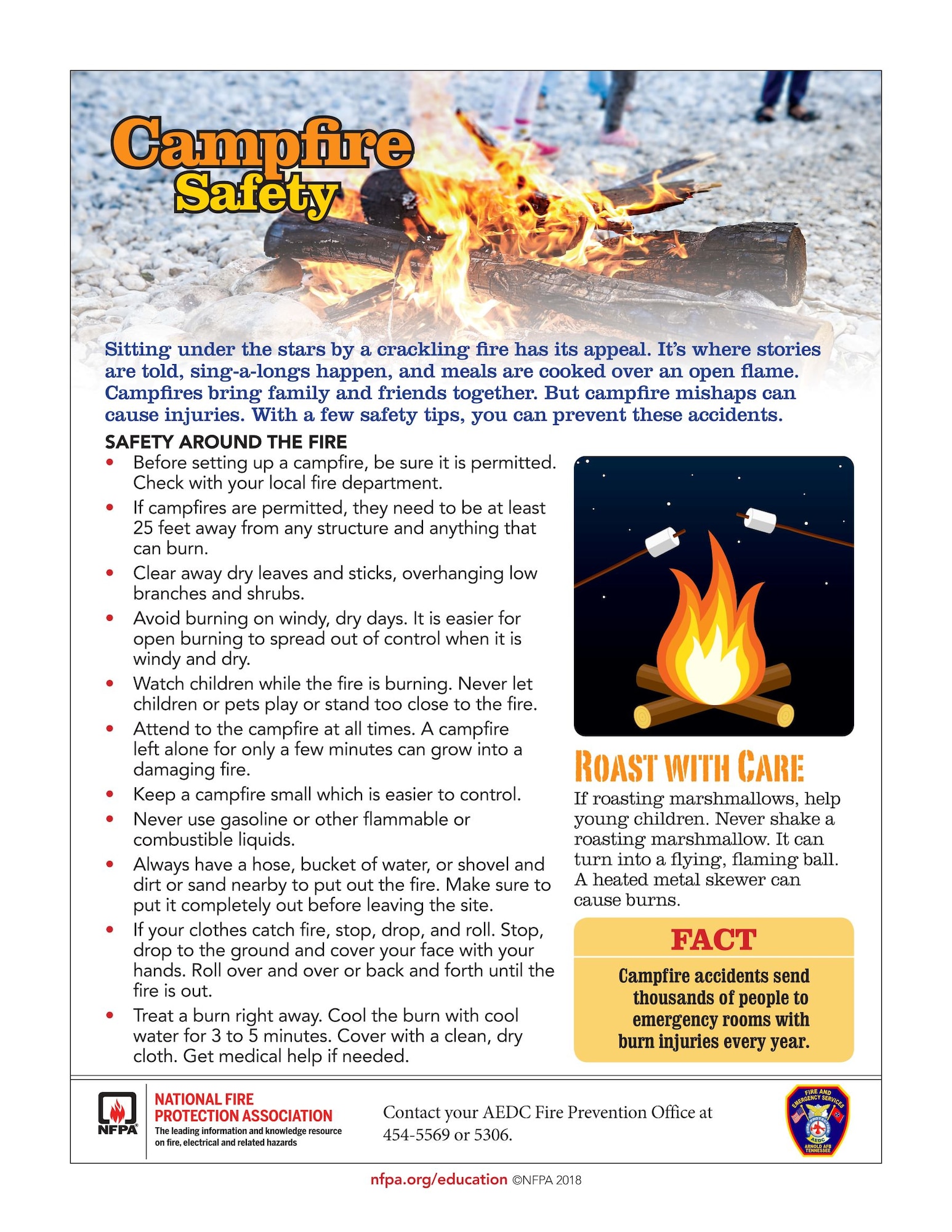 The Arnold Air Force Base Fire and Emergency Services Fire Prevention Office is asking those starting and spending time around campfires to be safety conscious. Thousands are injured each year in campfire accidents. (National Fire Protection Association graphic)