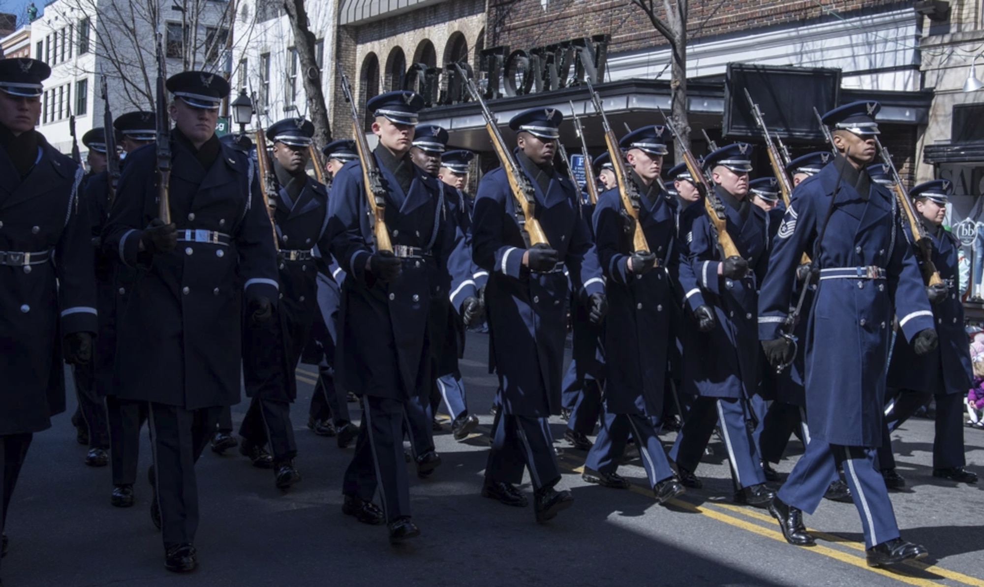 Then-Senior Master Sgt. Robert B. Jones leads the Air Force Honor Guard formation at the Joint Service St. Patrick's Day parade in Arlington, Virginia, in 2017. (U.S. Air Force photo)