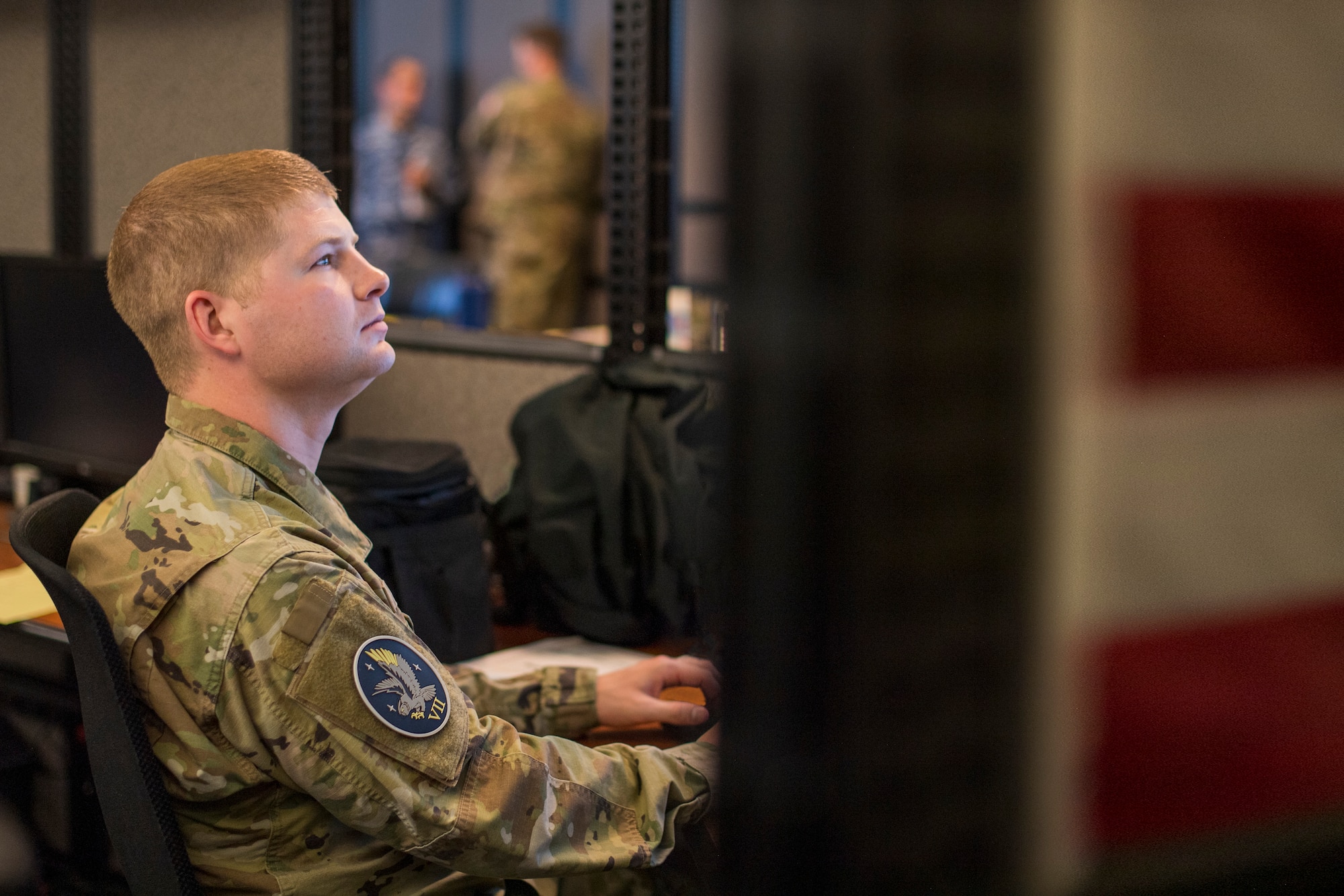 A U.S. Space Force Guardian participates in SPACE FLAG 23-2 at Schriever Space Force Base, Colorado, April 27, 2023. SPACE FLAG 23-2 was the largest exercise iteration to date, involving 250 participants. It was also the most complex integration of cyber warfare, the largest integration of coalition partners ever at a SPACE FLAG exercise, and the first SPACE FLAG exercise to feature live-fire space electronic warfare. (U.S. Space Force photo by Judi Tomich)