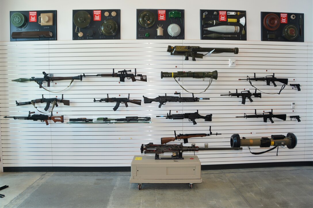 Dummy weapons that units can use for training are on display in the showroom at Fort Indiantown Gap's Training Support Center on May 1, 2023. (Pennsylvania National Guard photo by Brad Rhen)