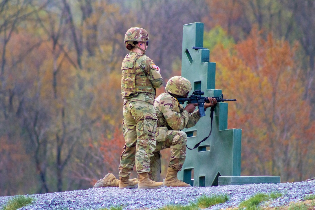 Soldiers with the 28th Military Police Company and 1069th Military Police Company, 165th Military Police Battalion, 55th Maneuver Enhancement Brigade fire their assigned weapons during an exercise at Fort Indiantown Gap, April 14, 2023. Qualifying on assigned weapons annually helps Soldiers stay ready to defend themselves in combat. (U.S. Army National Guard photo by Sgt. Ashley Standard)